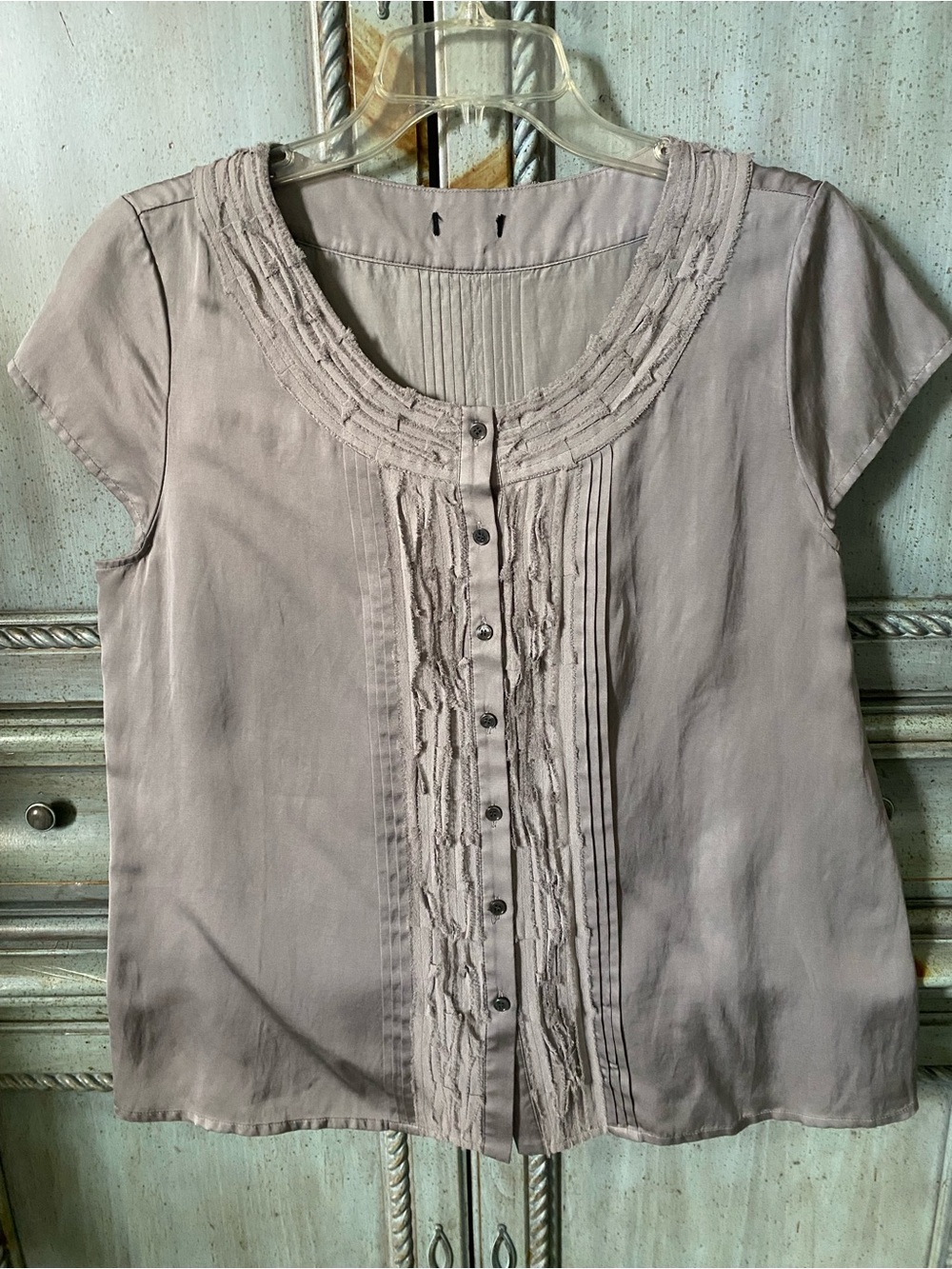 Short Sleeve Pintuck Button-Front Blouse in Taupe